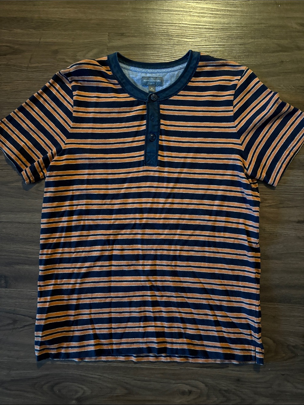 LL Bean Signature Navy and Orange Striped Short-Sleeve Henley Tee, size medium